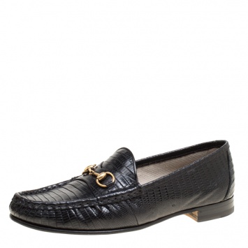 Pre Owned Gucci Black Lizard Leather Horsebit Loafers Size 39