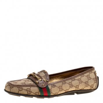 Pre Owned Gucci Beige GG Canvas Horsebit Loafers Size 38.5