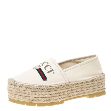 Pre Owned Gucci Off White Canvas Logo Platform Espadrilles Size 39.5