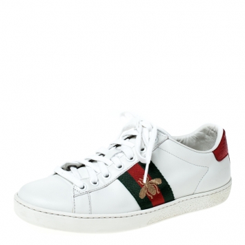 Pre Owned Gucci White Leather Ace Embroidered Bee Low Top Sneakers Size 36