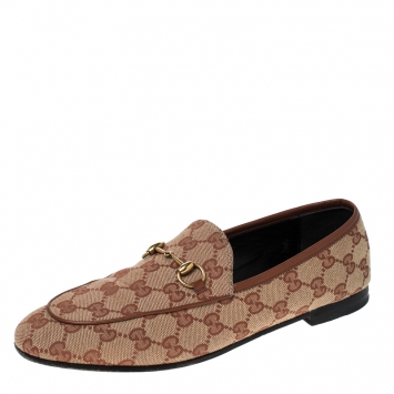 Pre Owned Gucci Beige GG Canvas Jordaan Horsebit Loafers Size 39.5