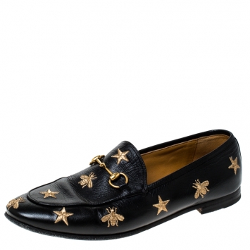 Pre Owned Gucci Black Leather Embroidered Bee Star Horsebit Slip On Loafers Size 39