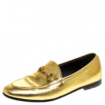 Pre Owned Gucci Gold Leather Jordaan Horsebit Loafers Size 37.5