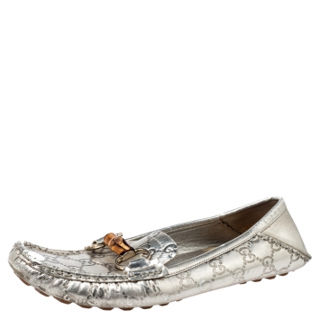 Pre Owned Gucci Silver Leather Guccissima Bamboo Horsebit Loafers Size 39.5