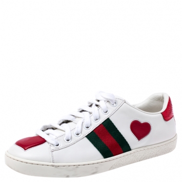 مملوكة مسبقًا Gucci White Leather Ace Web Heart Detail Lace Up Sneaker Size 35.5