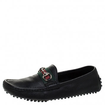 Pre Owned Gucci Black Leather Horsebit Detail Slip On Loafers Size 38