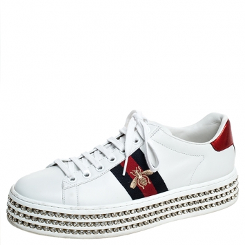 Pre Owned Gucci White Leather And Bee Web Detail New Ace Crystal Embellished Platform Sneakers Size 37