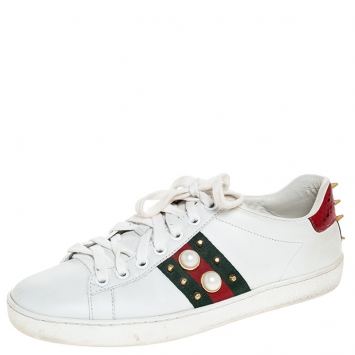 Pre Owned Gucci Off White Leather Web Studded Ace Lace Up Sneakers Size 36