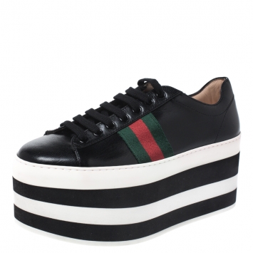 Pre Owned Gucci Black Leather Peggy Web Detail Platform Sneakers Size 36