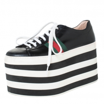 Pre Owned Gucci Black Leather Peggy Web Detail Platform Sneakers Size 38