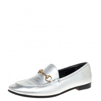 Pre Owned Gucci Silver Leather Jordaan Horsebit Slip On Loafers Size 39