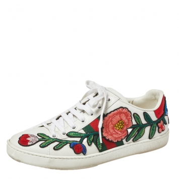 مملوكة مسبقًا Gucci White Floral Embroidered Leather Ace Low Top Sneakers Size 36.5