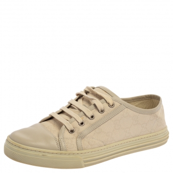 Pre Owned Gucci Light Grey GG Canvas And Leather Lace Low Top Sneakers Size 38