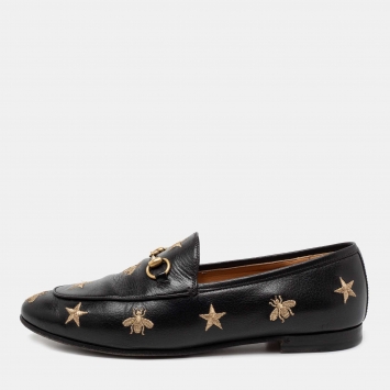 Pre Owned Gucci Black Leather Embroidered Bee Star Horsebit Slip On Loafers Size 40