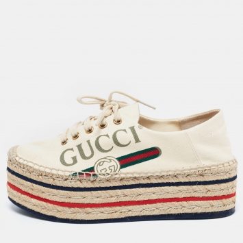 Pre Owned Gucci  Beige Canvas Printed Platform Espadrille Sneakers Size 37