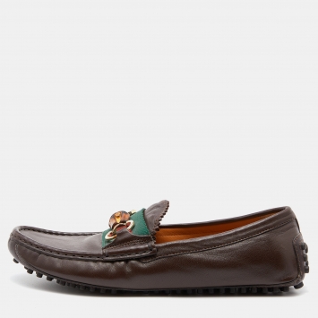 Pre Owned Gucci Dark Brown Leather Web Bamboo Horsebit Slip On Loafers Size 36
