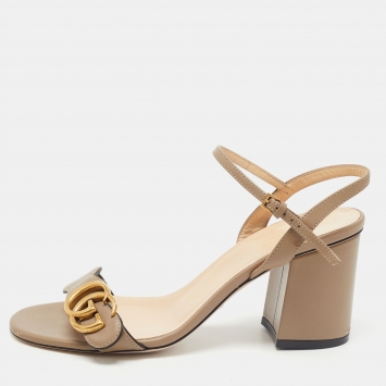 Pre Owned Gucci Brown Leather GG Marmont Ankle Strap Sandals Size 37.5