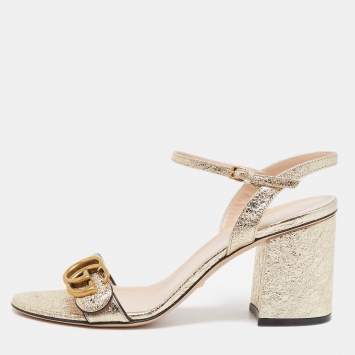 Pre Owned Gucci Gold Foil Leather GG Marmont Ankkle Strap Sandals Size 37.5