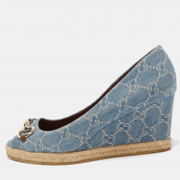 Pre Owned Gucci Light Blue GG Denim Horsebit Wedge Pumps Size 40