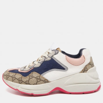 Pre Owned Gucci Multicolor Fabric and Leather Rhyton Low Top Sneakers Size 38