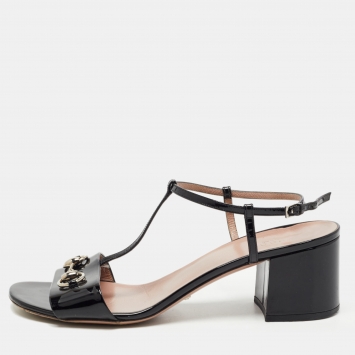 Pre Owned Gucci Black Patent  Horsebit T-strap Block Heel Sandals Size 41