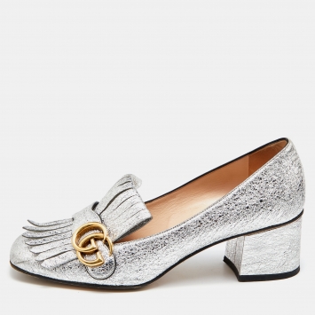 Pre Owned Gucci Silver Foil Leather GG Marmont Fringe Detail Block Heel Pumps Size 39