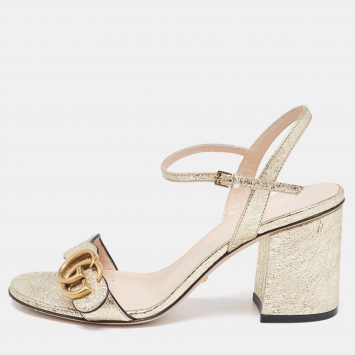 Pre Owned Gucci Gold Textured Leather GG Marmont Ankle Strap Sandals Size 37