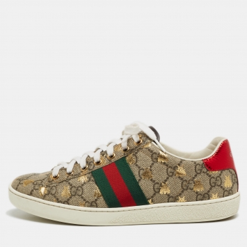 Pre Owned Gucci Beige/Red Canvas And Python Embossed Leather Ace Low Top Sneakers Size 37