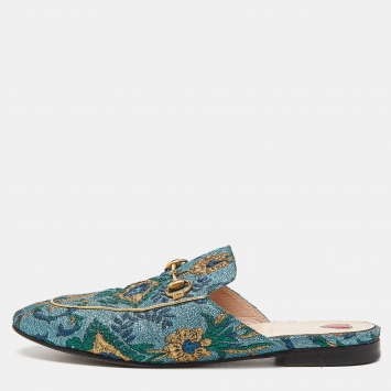 Pre Owned Gucci Multicolor Brocade Fabric Princetown Mules Size 38.5