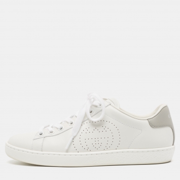 Pre Owned Gucci White/Grey Leather Interlocking G Ace Sneakers Size 36