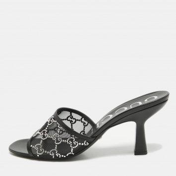 Pre Owned Gucci Black GG Crystal Embellished Mesh Slide Sandals Size 41.5