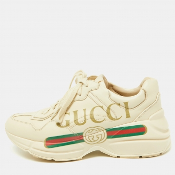 Pre Owned Gucci Cream Leather Rhyton Low Top Sneakers Size 38