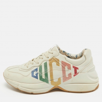 Pre Owned Gucci Beige Leather Glitter Logo Rhyton Sneakers Size 38