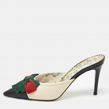 Pre Owned Gucci Black/Cream Leather Sackville Web Bow Mules Size 37