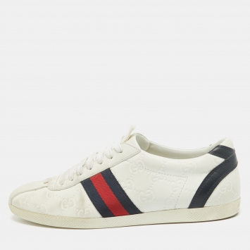 Pre Owned Gucci White Guccissima Leather Web Low Top Sneakers Size 38