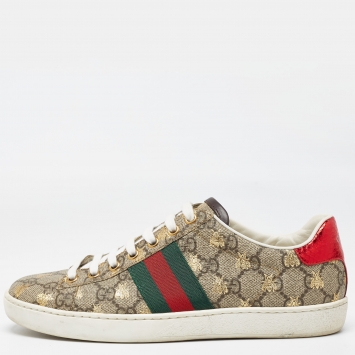 Pre Owned Gucci Beige/Brown GG Supreme Canvas Bee Ace Sneakers Size 36.5
