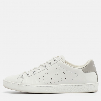 Pre Owned Gucci White Perforated Interlocking G Leather Ace Sneakers Size 36