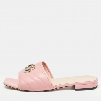 Pre Owned Gucci Pink Leather  GG Marmont Flat Sides Size Sandals Size 39.5