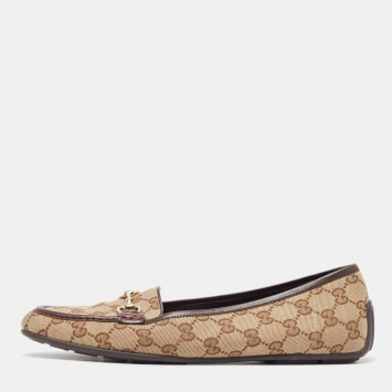Pre Owned Gucci Brown Canvas and Leather Horsebit Loafers Size 40.5