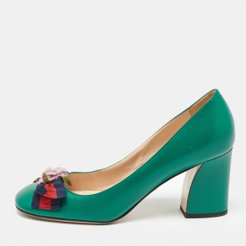 Pre Owned Gucci Green Leather Web Bow Flower Applique Pumps Size 40