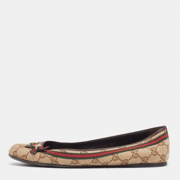 Pre Owned Gucci Brown/Beige GG Canvas Mayfair Bow Ballet Flats Size 39