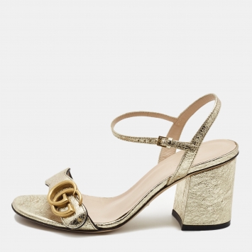 Pre Owned Gucci Gold Textured Leather GG Marmont Ankle Strap Sandals Size 35.5