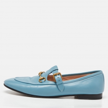 Pre Owned Gucci Blue Leather Horsebit T-Bar Loafers Size 39.5
