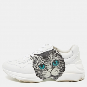 Pre Owned Gucci White Leather Mystic Cat Rhyton Low Top Sneakers Size 38.5