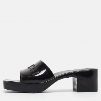 Pre Owned Gucci Black Rubber Logo Embossed Platform Slide Sandals Size 36