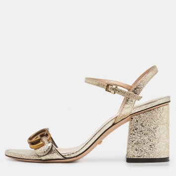 Pre Owned Gucci Metallic Gold Crinkled Leather GG Marmont Ankle Strap Sandals Size 36