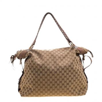 Pre Owned Gucci Beige GG Canvas Large Bamboo Bar Travel Bag