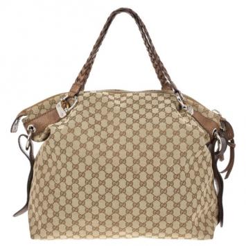 Pre Owned Gucci Beige GG Canvas Large 'Bamboo Bar' Travel Tote