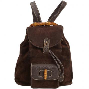 Pre Owned Gucci Dark Bamboo Suede Drawstring Backpack