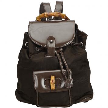 Pre Owned Gucci Brown Nylon Bamboo Backpack